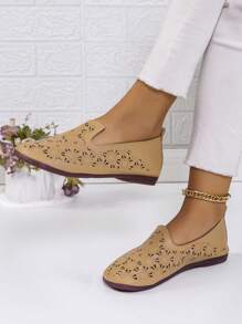 Mocasines planos casuales y transpirables para mujer, diseño hueco, ligeros, suela blanda antideslizante, con patrón de girasol/margarita - Marrón - Ver 6