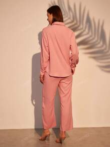 Crinkled Two Pocket Shirt & Pants 2 Pcs Set Women Pink Loungewear