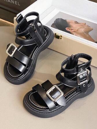1 Pair Girls PU Leather Roman Sandals, New Style Zipper Princess Flats, Cute & Fashionable Summer Shoes