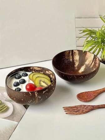 椰子碗，可重复使用的手工碗，素食有机沙拉碗，用于酸奶、燕麦片、沙拉和甜点的复古圆形木碗，家用餐具，天然木碗（无勺子）学校用品