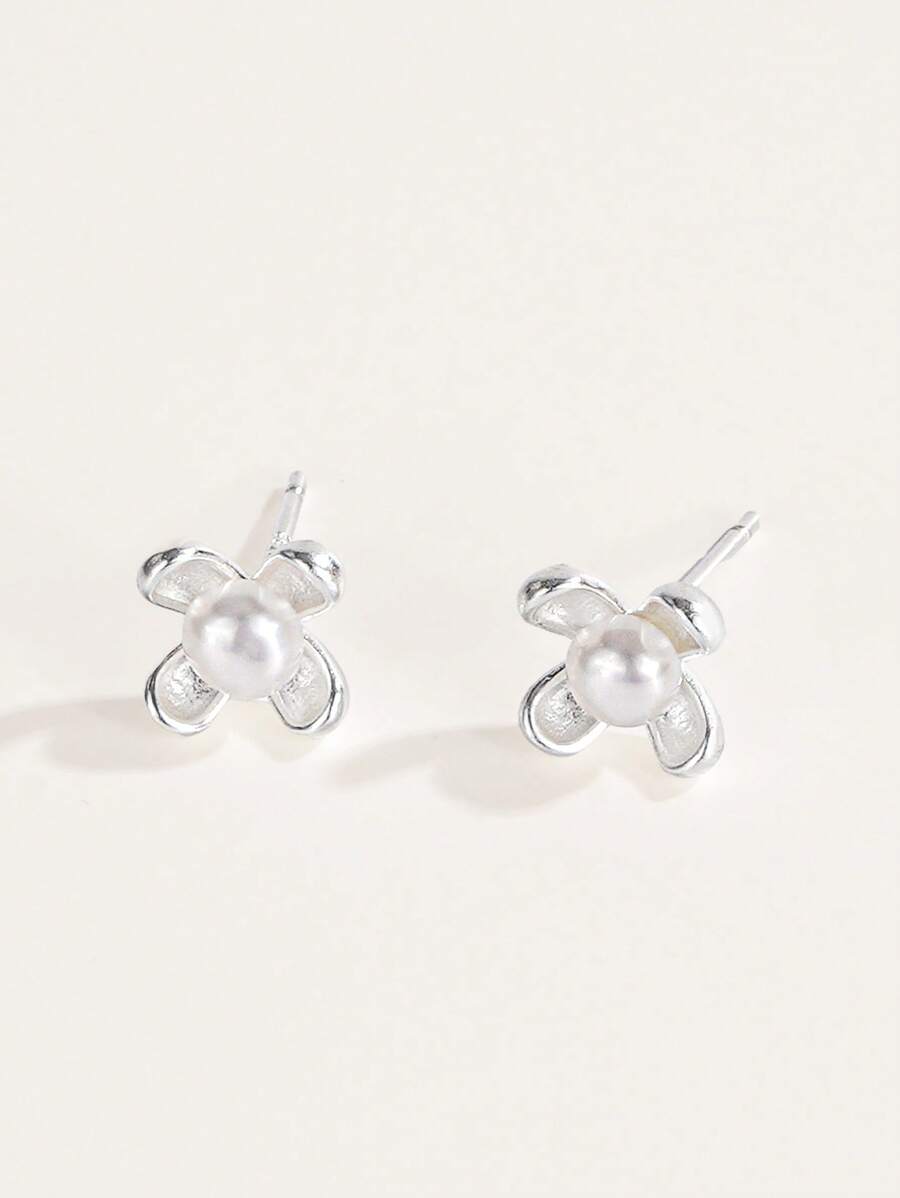 1 对 925 银仿珍珠花耳钉，适合女性日常佩戴 - 銀色 - 查看 1
