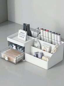 Caja de almacenamiento de maquillaje de gran capacidad con 2 cajones, adecuada para tocador, baño y escritorio de dormitorio, organizador de maquillaje para brochas, sombras de ojos, loción, lápiz labial, esmalte de uñas - Blanco