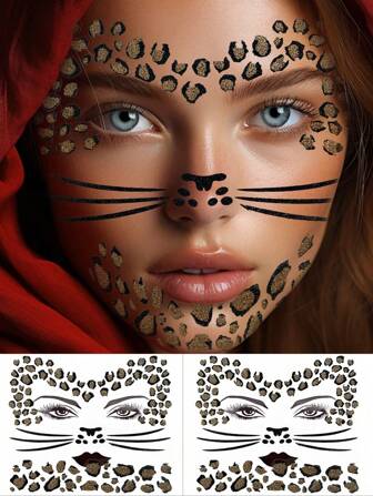 2 件豹纹自粘面部贴纸，豹纹化妆贴纸，Y2K 美容装饰面部和身体角色扮演化妆工具，DIY，眼影照片道具，化妆，舞台，节日，派对，日常个性化面部贴纸