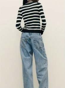 Women Long Sleeve Polo Sweater V Neck Button Down Ribbed Knit Cardigan Top - White - View 2