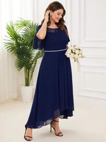 EVERPRETTY Plus Size Women Elegant Lace Patchwork Chiffon Ruffle Sleeve Bridesmaid Dress