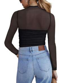 Women's Sexy Mock Turtle Neck Long Sleeve Tops, Sheer Mesh Ruched Going Out Casual Shirt - 黑色 - 查看 2