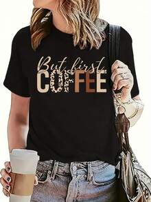 Camiseta de Moda Casual de Manga Corta para Mujeres "Pero Primero Café", Cómoda Camiseta de Cuello Redondo con Diseño de Letras para Verano y Primavera al Aire Libre, Ropa Deportiva de Ocio en Casa - Negro - Ver 2