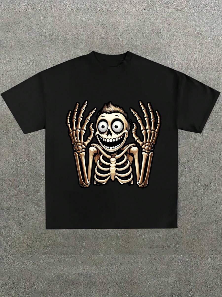 Funny Flossing Skeleton Tshirt Meme Pun Dentist  ,Casual Print,Comfortable And Versatile,Letter Pattern Pure Cotton 220g Printed T-Shirt - Black - View 1
