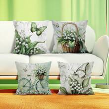 4pcs Lily Of The Valley Butterfly Print Pillowcase Set - 45*45cm Plush Velvet Pillow Cover - Multicolor - View 4