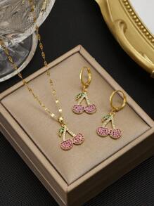 3件套紫色樱桃全水钻不锈钢可爱甜美项链和耳环套装女士 - 金黃色 - 查看 1