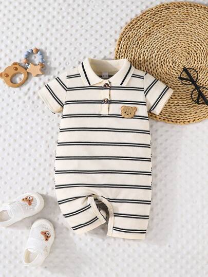 Baby Boy Summer Short Sleeve Cute Bear Print Striped Shirt & Shorts Jumpsuits, Casual And Comfortable For Outdoor Wear