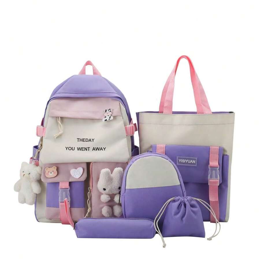 Mochila de cinco piezas tipo coreano para estudiantes de secundaria y preparatoria,moderna mochila con gran capacidad,trae una bolsa grande,una bolsa mediana,un monedero y una lapicera. - Morado - Ver 1