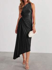 Vestido elegante de mujer de unicolor sin mangas con pliegues y vuelo, vestido de fiesta para cóctel