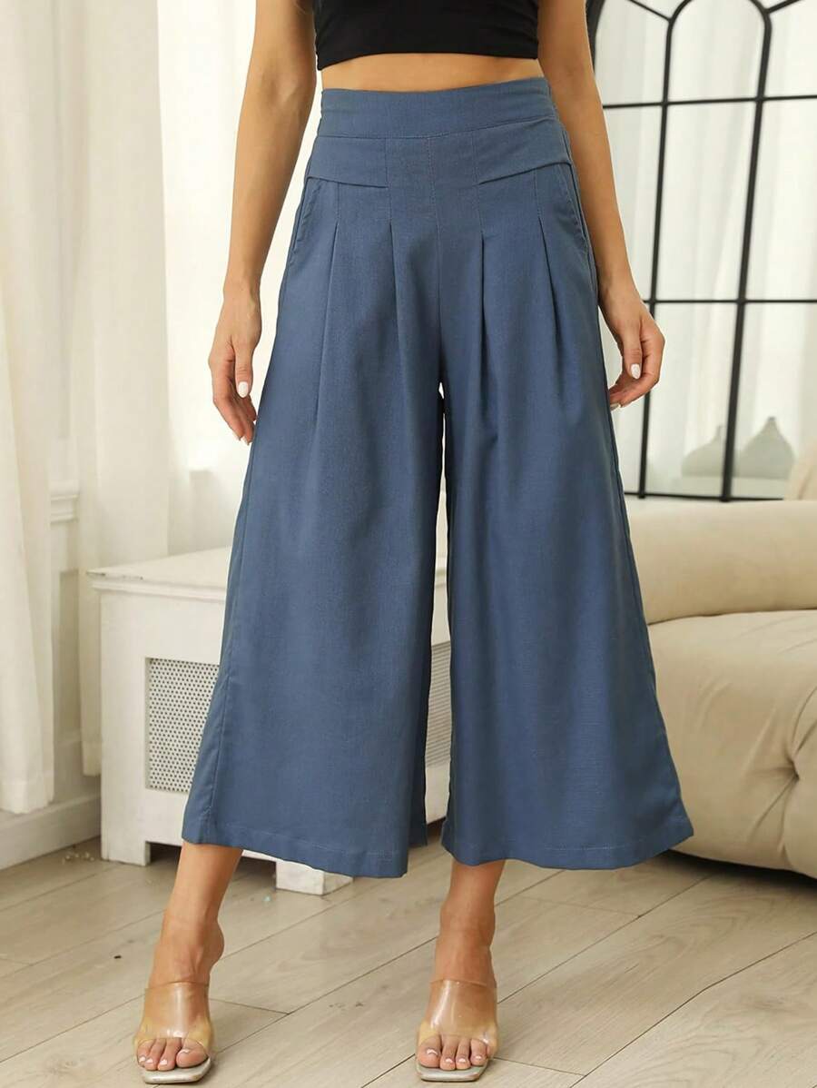 Linen Pants For Women Culottes Capris Wide Leg Palazzo Boho Pants Trousers - Blue - View 1