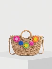 Handmade Raffia Flower Pom Pom Tassel Decor Beach Style Semicircle Women Handbag Shoulder Bag
