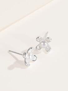 1 对 925 银仿珍珠花耳钉，适合女性日常佩戴 - 銀色 - 查看 5