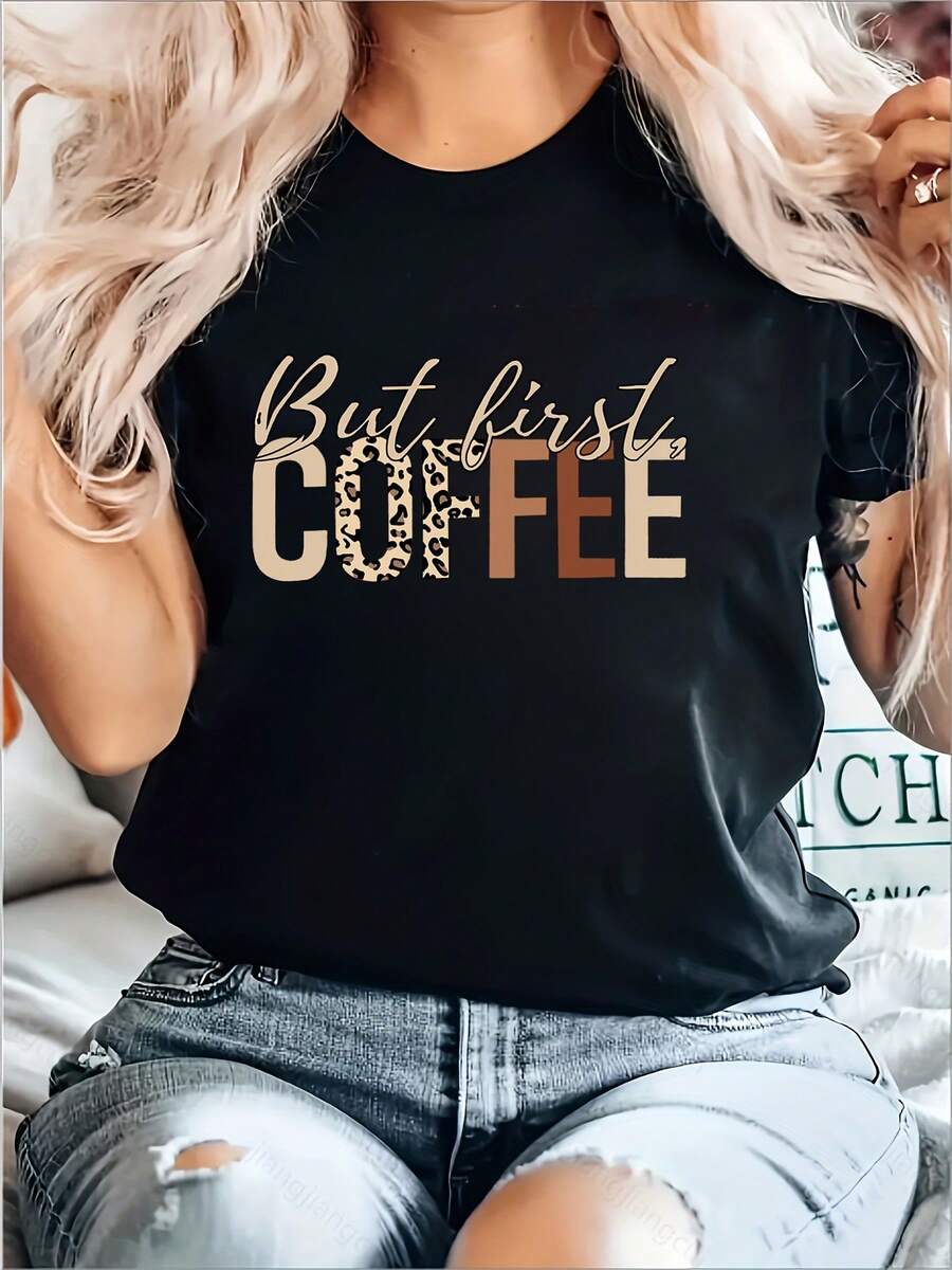 Camiseta de Moda Casual de Manga Corta para Mujeres "Pero Primero Café", Cómoda Camiseta de Cuello Redondo con Diseño de Letras para Verano y Primavera al Aire Libre, Ropa Deportiva de Ocio en Casa - Negro - Ver 1