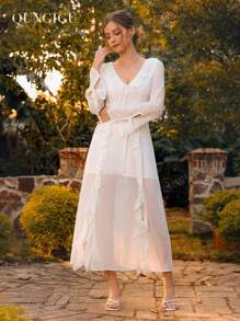 QUNGIGU Women's Boho Flowy Maxi Dress - Flounce Collar & Bell Sleeves With Thigh Slit, Beach Vacation Dress For Summer, V-Neck Party Outfit