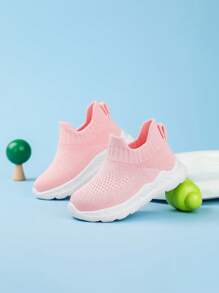 1 par de sapatos elásticos infantis One-Push, tênis leves, respiráveis, macios e confortáveis, de cano baixo, para uso diário, com sola antiderrapante - Rosa - Ver 2