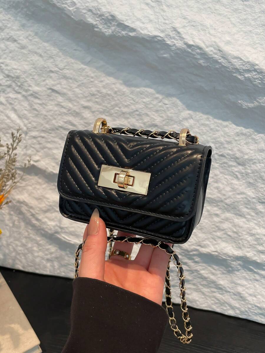 小方形手提包，女士新款设计。V 形压花绗缝优质单肩包，配有编织链带、翻盖、可爱斜挎包、唇彩包