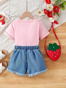 Young Girls Casual Fashion Strawberry Print T-Shirt, Embroidered Denim Shorts And Bag 3-Piece Set