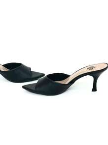 Tamanco Feminino Bico Folha Liso Preto Moda Sandália Mulher Salto Médio
