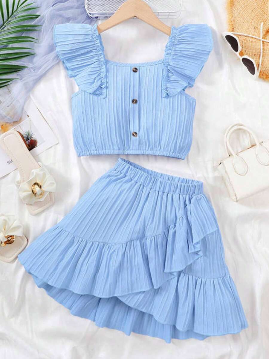 Tween Girl 2pcs/Set 8-11 Years Old Cap Sleeve Top And Asymmetrical Ruffle Hem Skirt Suit, Children Summer Outfit
