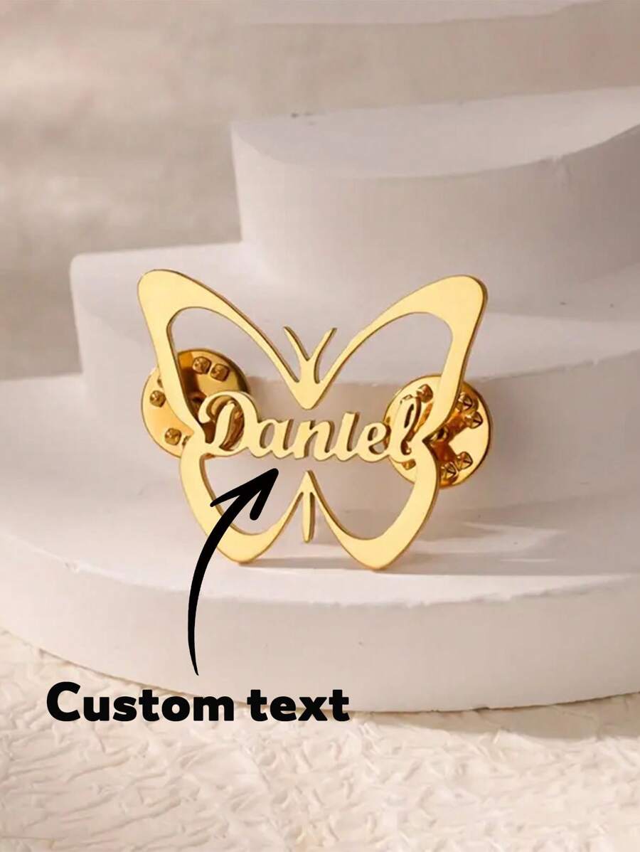 1PC Customizable Butterfly Name Brooch, Gold Plated Stainless Steel Fashion Pin, Retro Hip Hop Style, Suitable For Four Seasons Daily Wear, Ideal Valentine's Day Gift, Fashion Jewelry Accessories, Simple, Cute, Suitable As A Gift - Multicolor - View 1