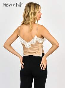 NEW+HOTT Women's Lace Trim Cami, Spaghetti Strap, Comfortable Silky Material, Lined, Side Tie Slit, Gorgeous Lace Mesh Design