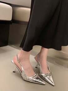 Tacones altos de mujer, tacones altos puntiagudos, tacón abierto, a la moda y versátiles - Plateado - Ver 3