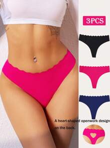 3 Pcs Seamless Panties Hollow Out Heart Shape No-Show Underwear Women Thongs - Multicolor - View 2