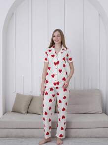 Mirano Heart Print Short Sleeve Pajama Set With Pants - Red and White - View 2