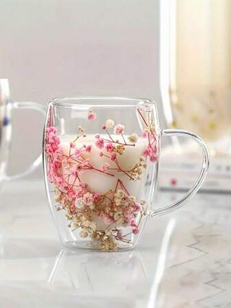 1 pieza Taza de vidrio de doble pared, taza de café con flores secas creativa, taza de vidrio aislada con asa, taza de té romántica, taza de desayuno resistente al calor, vajilla estética, taza de agua de vidrio, taza para matcha y latte, perfecta para verano, viajes y como regalo para adultos