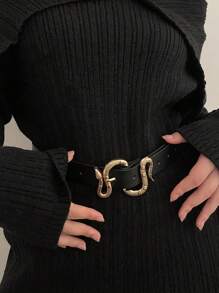 1 Pc Fashionable Vintage Snake Buckle PU Belt, Versatile Minimalist Belt For Women All Seasons, Snake Buckle Party Themed Belt
