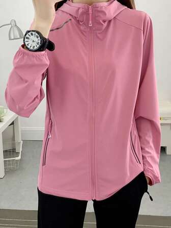 Sommarträning dam med stretchig andningsbar Ice Sense hoodiejacka, enfärgad UV-skydd