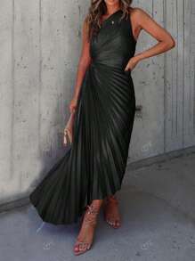 Vestido elegante de mujer de unicolor sin mangas con pliegues y vuelo, vestido de fiesta para cóctel