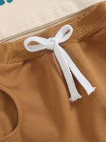 Auntie Baby Clothes Boy Short Sleeve Letters Print T-Shirt With Elastic Waist Shorts Summer Outfit - Apricot - View 7