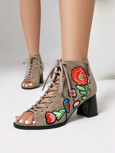 Bestickter Wildleder Schnürboots mit Boho-Quadrat-Absatz, Damen Strand Urlaub Lässig