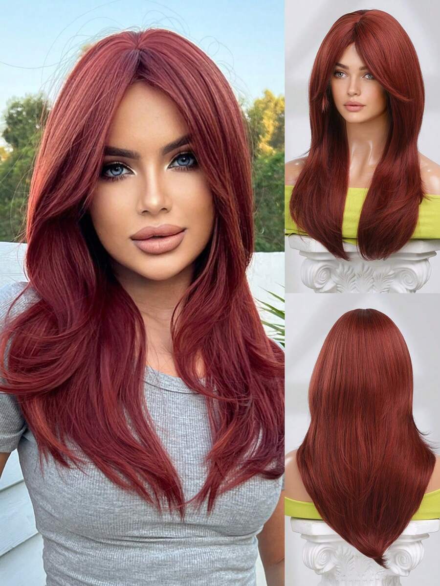 Peluca sintética medio recto con tupe - Burdeos - Ver 1