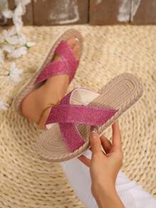 Glitterpantoffels voor dames, zomersandalen met touwzool, strandslippers voor op vakantie, glanzende instappantoffels, zachte, comfortabele binnenschoenen, sandalen die gemakkelijk aan en uit te trekken zijn, sandalen met gekruiste bandjes