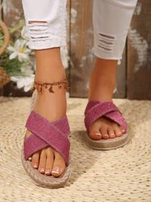 Glitterpantoffels voor dames, zomersandalen met touwzool, strandslippers voor op vakantie, glanzende instappantoffels, zachte, comfortabele binnenschoenen, sandalen die gemakkelijk aan en uit te trekken zijn, sandalen met gekruiste bandjes