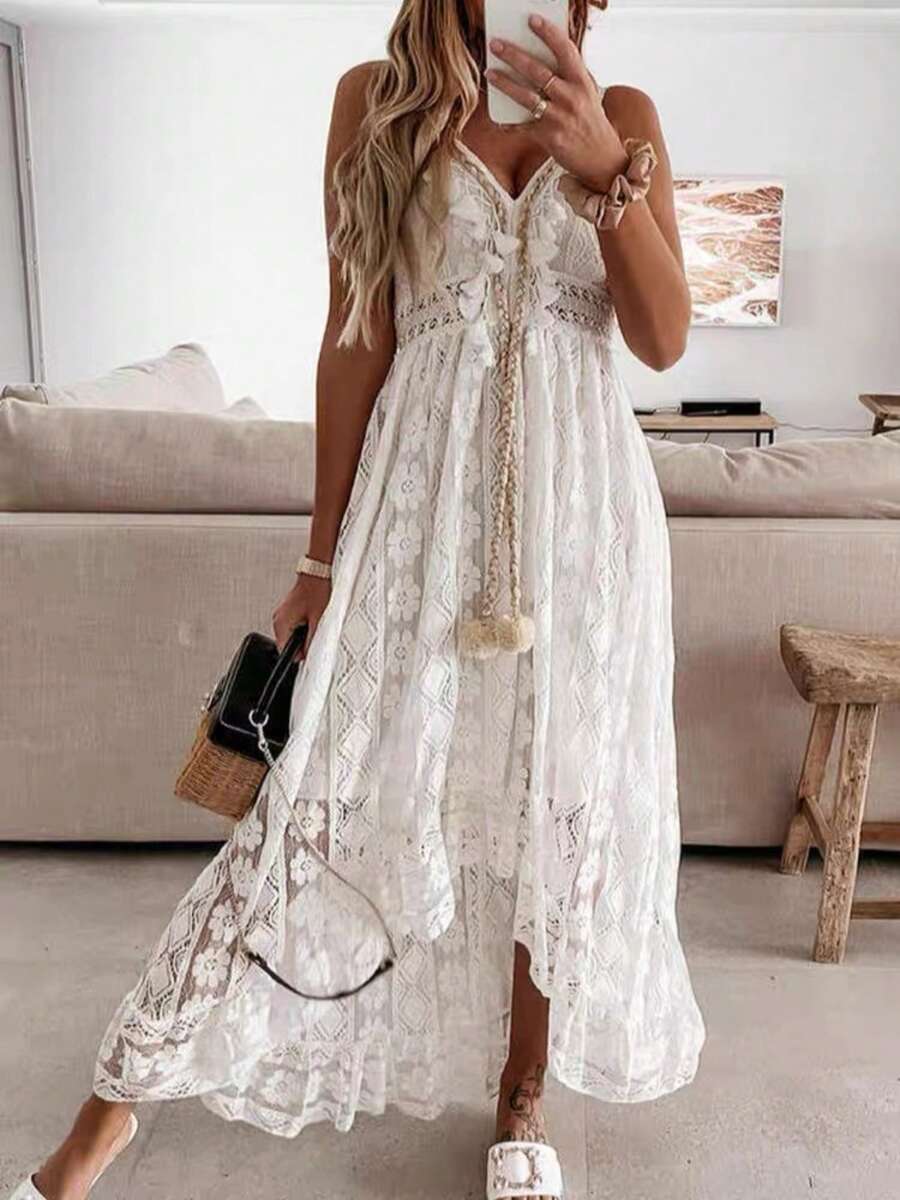 Women Boho Maxi Dress Lace Hem Long Dress Deep V-Neck Sleeveless Spaghetti Straps Backless Casual Tassel Beach Swing Dress Summer Vacation Outfit Beachwear Sundresses - 白色 - 查看 1