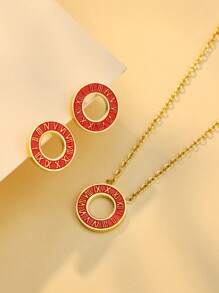 1set/3pcs 2025 New Roman Digital Ring Buckle Gold Color Stainless Steel Zirconia Necklace Earrings Wedding Jewelry Set