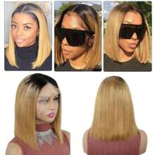 Human Hair Elegant Ombre Blonde Bob Wig For Women 1B27 Color - 13x4 Lace Front, Dark Roots To Light Tips, Straight Style, Versatile Short Wig
