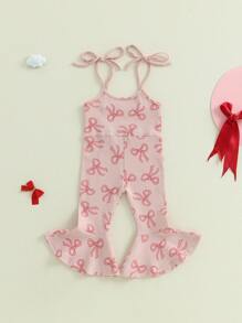 Toddler Girls Summer Overalls Jumpsuit Bow Printed Sleeveless Tie-Up Flare Pants Romper - Pink - View 1