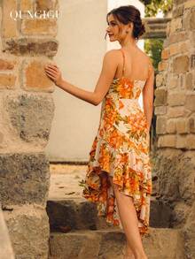 Vestito midi con fantasia floreale boho, abito da sole con balze asimmetriche, spalline regolabili e orlo a balze fluido. Perfetto per le giornate estive in spiaggia, che combina fascino senza sforzo e atmosfera romantica - Arancione - Visualizzare 2
