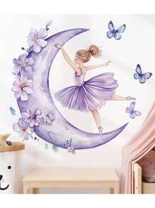 1 件优雅月亮舞动女孩花蝴蝶墙贴，自粘艺术贴花适用于卧室、儿童房装饰 - 彩色 - 查看 1