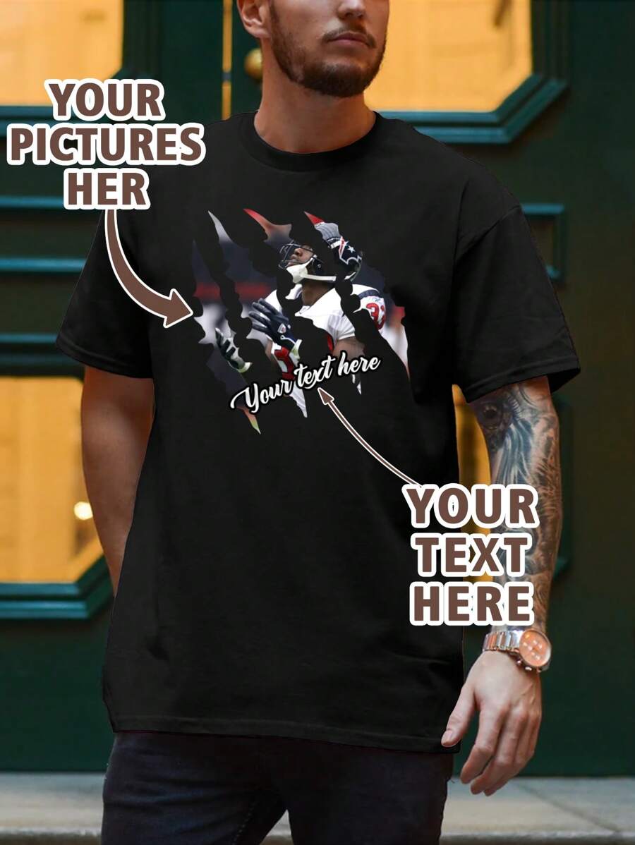 Customized Men's "Paw Print" Photo T-Shirt, Customize Your Own Text And Photo, Great Gift For Boyfriend - Black - View 1