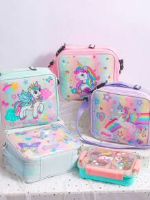 Cartoon Unicorn & Butterfly Lunch Bag, Kids Crossbody Bento Box Bag, Transparent Sequin Handbag Food Container - Pink - View 6