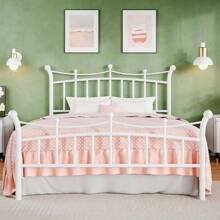 Estructura de cama de matrimonio HOMBCK con cabecero, marco de cama de metal blanco con diseño de patrón de corona, base de colchón con almacenamiento debajo sin necesidad de caja de resortes, montaje silencioso y fácil, color blanco